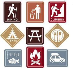 various signs showing different types of camping and hiking related items in red, brown, blue, and grey colors