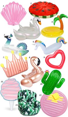 an assortment of inflatable toys including flamingos, umbrellas and other items