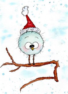 a watercolor and ink drawing of a bird wearing a santa hat sitting on a branch