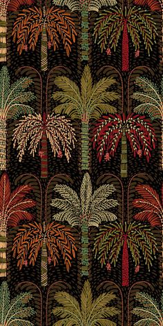 an image of a pattern with palm trees and leaves on black background, which is very colorful