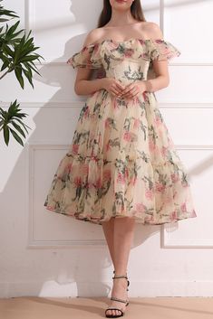 Corset Off the Shoulder Floral Print Organza Tiered Dress Midi Ruffle Dress Formal, Floral Dress Accessories Jewelry, Floral Dress Fancy, Flowery Dress Casual, Off Shoulder Frock, Vestidos Corset, Medium Length Dresses, Off Shoulder Gowns, Dress Ideas Casual