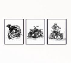 three black and white pictures of atvs on the wall in a room with two framed photographs