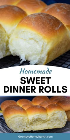 homemade sweet dinner rolls on a cooling rack with text overlay that reads homemade sweet dinner rolls