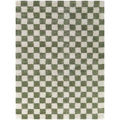 a green and white rug with checkered pattern