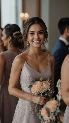 Elevate Your Bridesmaid Game with These 15 Hair Ideas! - Fads Romantic Wedding Updos For Medium Hair, Bridesmaid Hair Updo With Flowers, Hair Styles For Maid Of Honor Medium Hair, Brunette Hair Updos Wedding, Wedding Party Hair Updo, Up Dos For Bridesmaid, Shoulder Length Hairstyles Wedding Guest, Bridesmaid Hair Dark Brown, Bridesmaids Hair Braid