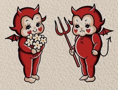 two red devil babies holding flowers and a pitchfork