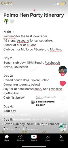 the menu for palm hen party itinerary is shown in this screenshote