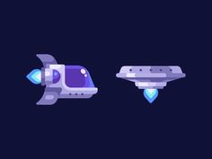 two spaceships in the dark, one is blue and one is purple with an arrow