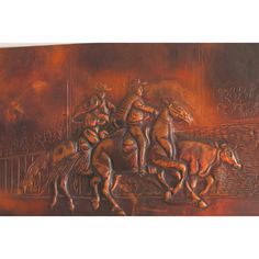 an oil painting of cowboys on horses in front of a fence with flames behind them