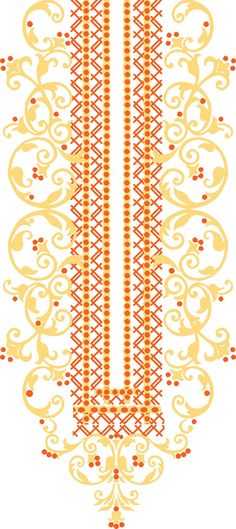 an intricately designed design in yellow and orange on a white background with red dots