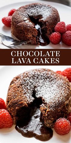 chocolate lava cake with raspberries on the side and one slice missing from it