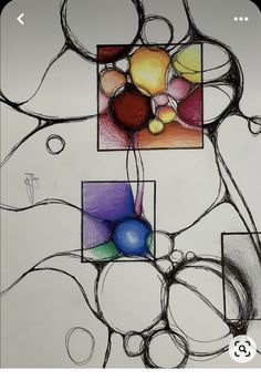 an abstract drawing with colored balls and lines