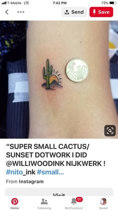 a small cactus tattoo on the side of a woman's leg, with an instagram