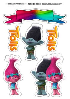 three stickers with the words trolls and two small cartoon characters in different colors