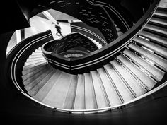 black and white photograph of a spiral staircase