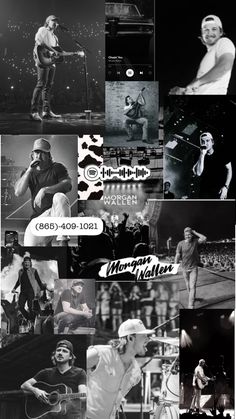 black and white collage with images of musicians, band members, and music instruments