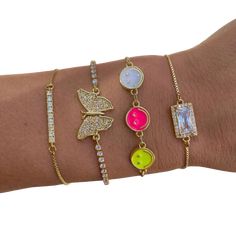 Obsessed with our beautiful gold slider bracelets. Mix 'em, match 'em, love 'em! These bracelets are sold separately by style, we love the way these 4 merchandise together! These have adjustable beads on the back, making them super easy to slide on and off the wrist. Adjustable to any wrist size! Slider Bracelets, Journals & Planners, Slide On, Crystal Gems, Sliders, Cool Kids, Super Easy, The Way, Gems