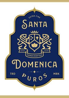 a blue and gold sign that says santa domonica puros with an ornate border