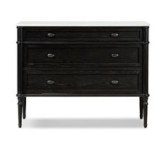 a black dresser with three drawers and two white marble top tops on the bottom shelf