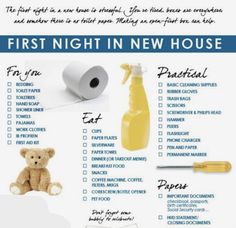 the first night in new house checklist is shown with a teddy bear and cleaning supplies