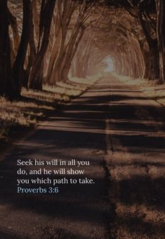 a road with trees and the words seek his will in all you do, and he will show you which path to take