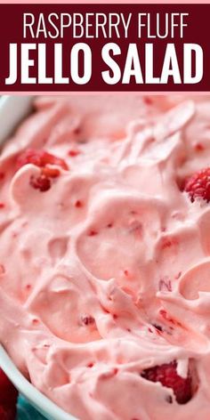 raspberry fluff jello salad in a white bowl