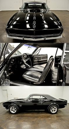 the interior and side view of a black muscle car with chrome rims on it