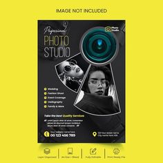 a flyer for a photo studio with a camera on the front and back side of it