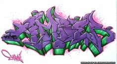 some graffiti on the side of a wall with purple and green letters in front of it