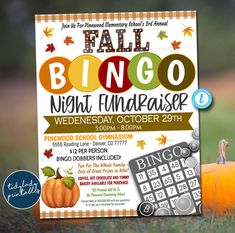 a flyer for a fall event with pumpkins on the grass and a calendar in front