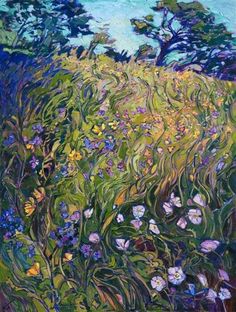 an oil painting of flowers and trees in the grass with blue sky behind it,