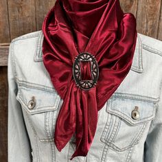 "Our classic wild rag/scarf in burgundy. It is a perfect square that measures 35\"x35\". Our custom wild rag slide is copper and black with floral pattern. A perfect look for any occasion. 100% machine washable polyester, silky and soft." Wither Strap, Tack Sets, Perfect Squares, Wild Rag, Hooded Scarf, Leather Flowers, Scarf Wrap, Scarf Accessory, Floral Pattern