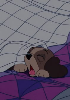 a cartoon dog laying on top of a bed with it's tongue hanging out