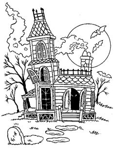 a black and white drawing of a house in the woods