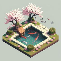 an image of a fish pond in the middle of a park with trees and flowers