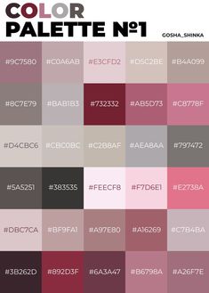 the color palette is shown in shades of pink, red and grey with white letters