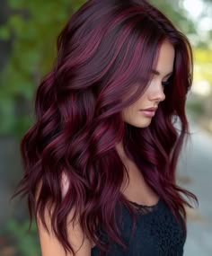 Smokey Brown Hair with Mahogany Highlights Dark Red With Brown Hair, Maroon Baylage Hair, Dark Red With Red Highlights, Color In Dark Brown Hair, Cute Hair Dyes For Brunettes, Dark Brown With Color Highlights, Dark Root Burgundy Hair, Purple Red Highlights In Brown Hair, Maroon Hair Balayage