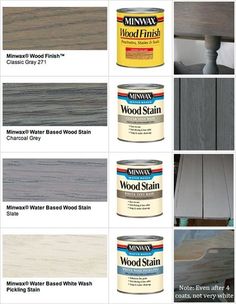 several different types of wood stain in various colors and sizes, including white, gray, brown