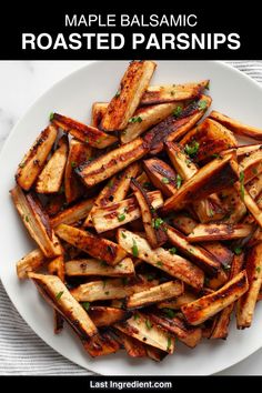 roasted parsnips on a white plate with text overlay