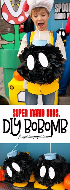 a kid in a costume made out of tires with the words super mario bros diy robomb