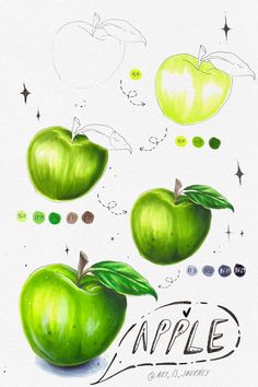 an apple drawing is shown with green apples and stars in the sky behind it,