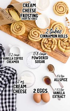 the ingredients to make cinnamon rolls on a cutting board