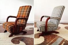 two different chairs sitting side by side on the same floor, one with a patterned upholstered back and one without