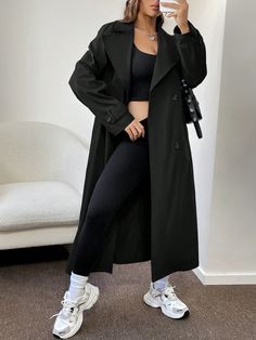 Black Casual Collar Long Sleeve Woven Fabric Plain Regular Embellished Non-Stretch  Women Clothing Black Longline Coat Outfit, Long Black Trench Coat Outfit, Black Trench Outfit, Trench Coat Outfit Black Women, Longline Coat Outfits, Long Black Coat Outfit, Long Trench Coat Outfit, Black Trench Coat Outfit, Gym Leggings Outfit