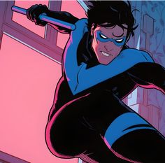 an animated image of a woman in blue and black with a bat on her shoulder