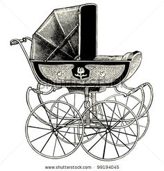 an old fashioned baby carriage in black and white, vintage line drawing or engraving style