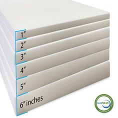 six sheets of white paper are stacked on top of each other, with the measurements for each