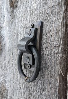 an iron hook on the side of a tree trunk with wood grain in the background