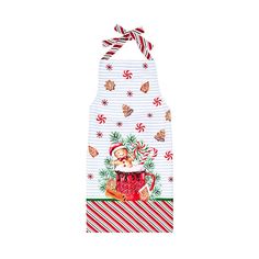 a christmas treat bag with candy canes and santa clause on the front, hanging from a string