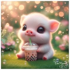 a little pig with a drink in it's mouth and bubbles around its neck